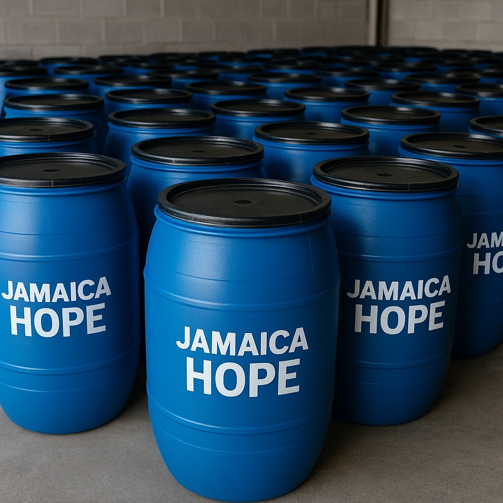 Blue shipping barrels labeled Jamaica Hope